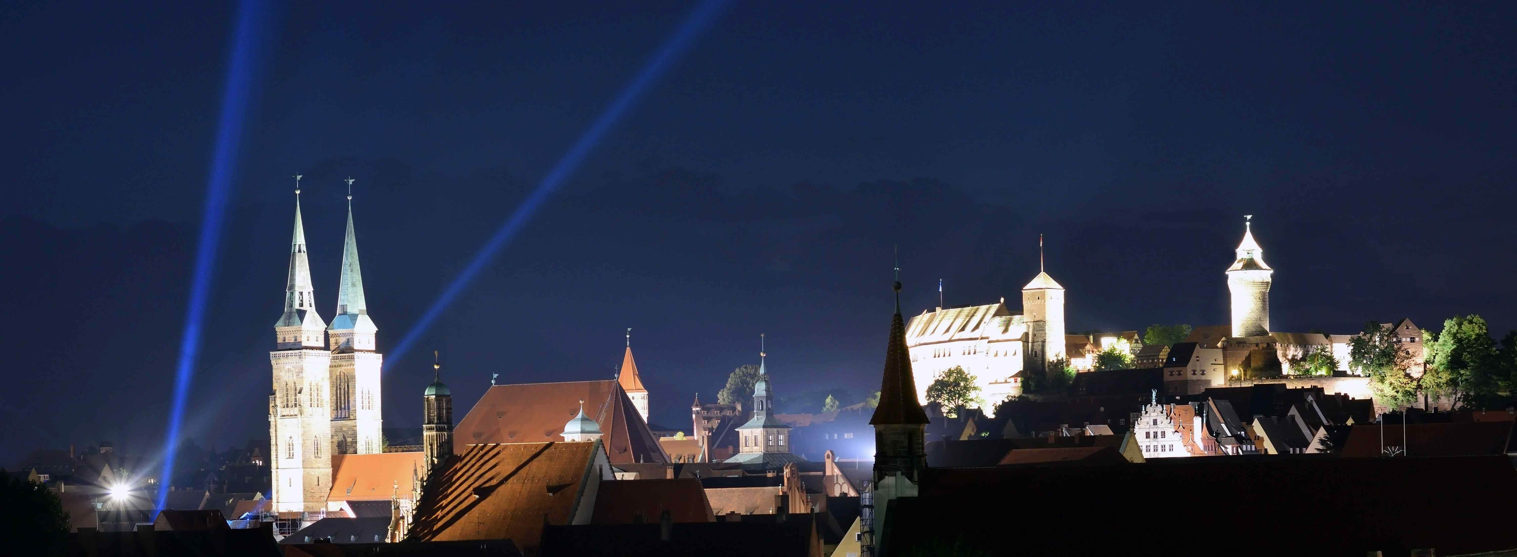 Churches in Nuremberg at night.